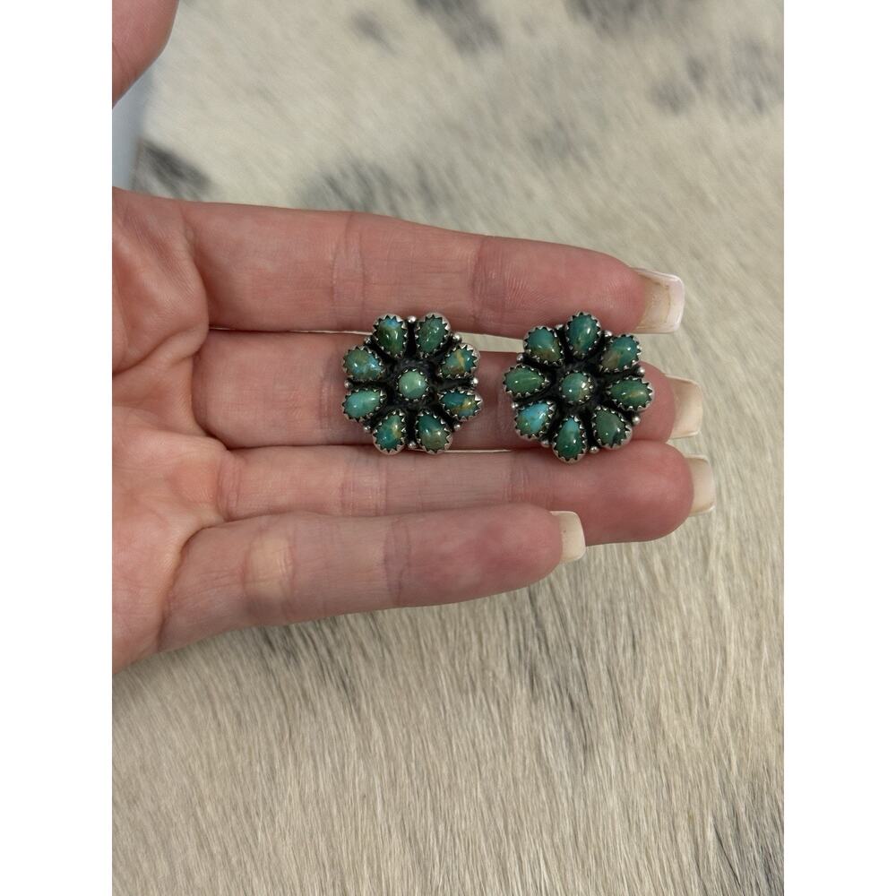 Sterling Silver 925 Turquoise Petit Point Round Cluster Post Stud Earrings 7/8”